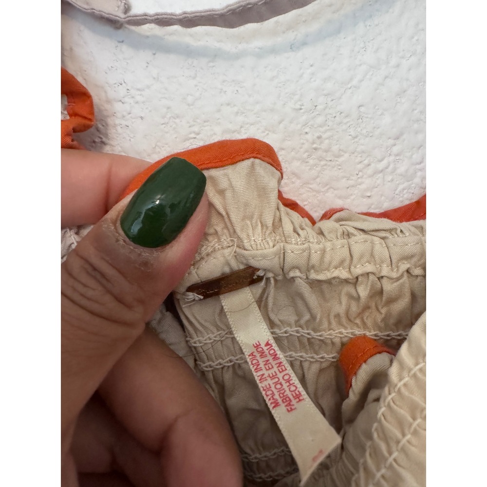 Free People Smocked Ruffle Midi Dress Beige Orange Boho Cottagecore Pockets oo - Picture 4 of 9